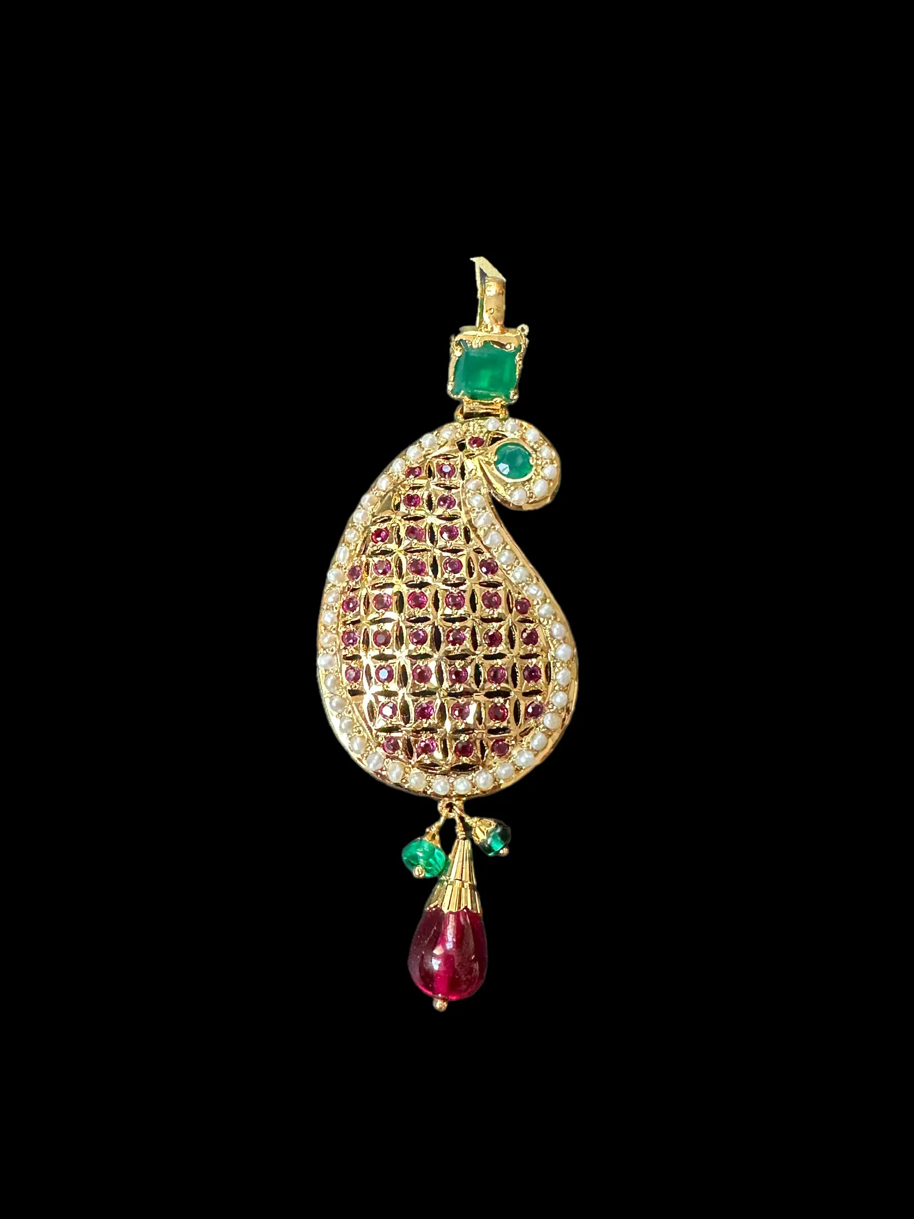 Gold plated jadau silver pendant set in ruby emeralds   ( READY TO SHIP )