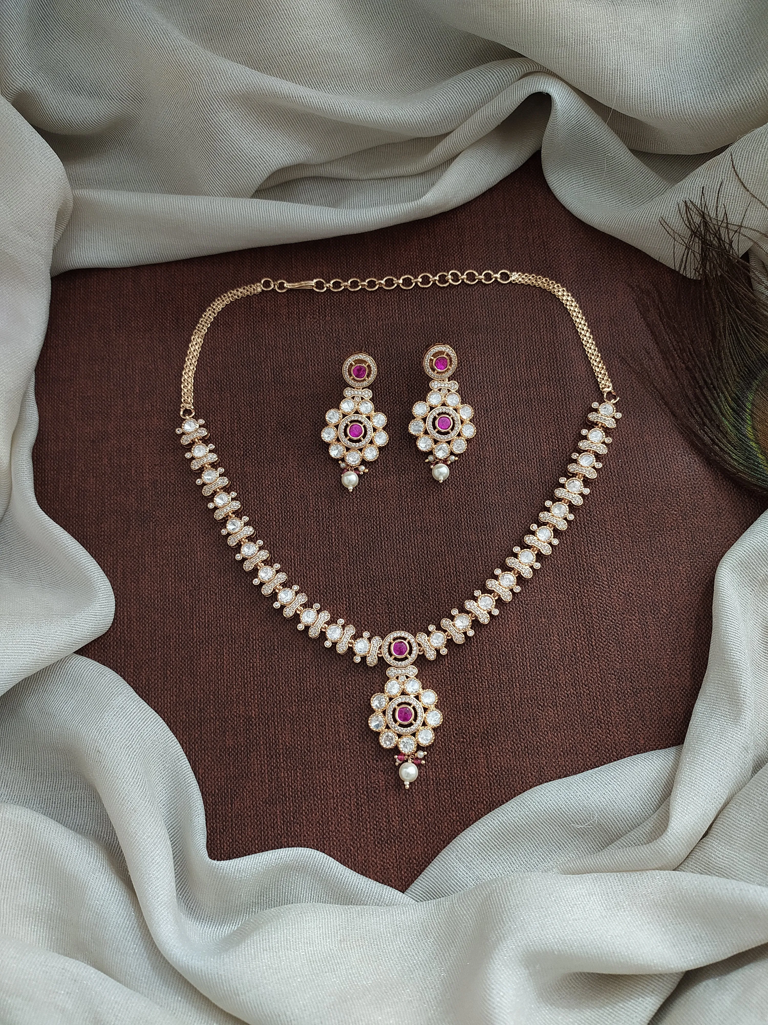 Gold Plated Kundan Necklace Set with Ruby Center & Uncut Diamond Stones