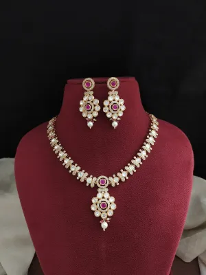 Gold Plated Kundan Necklace Set with Ruby Center & Uncut Diamond Stones