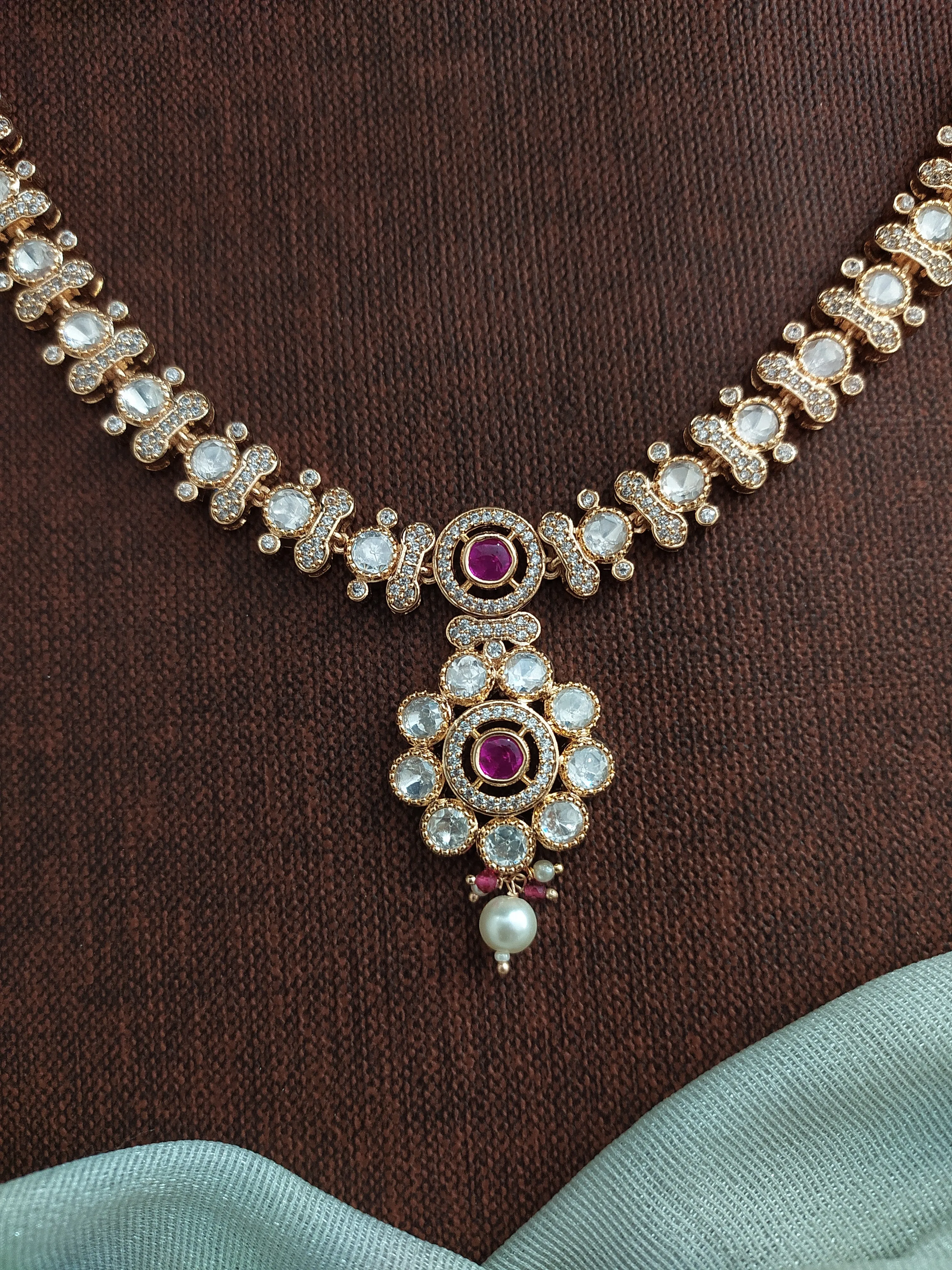 Gold Plated Kundan Necklace Set with Ruby Center & Uncut Diamond Stones