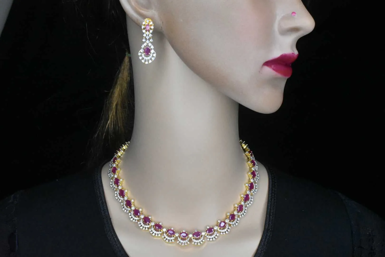 Graceful One Gram Gold Emerald,Ruby And American Diamonds Necklace