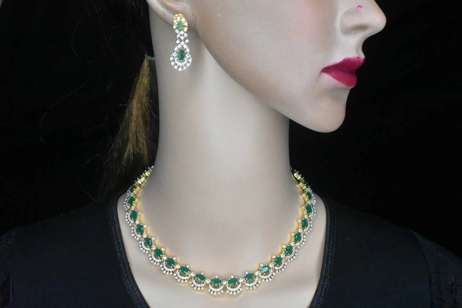 Graceful One Gram Gold Emerald,Ruby And American Diamonds Necklace