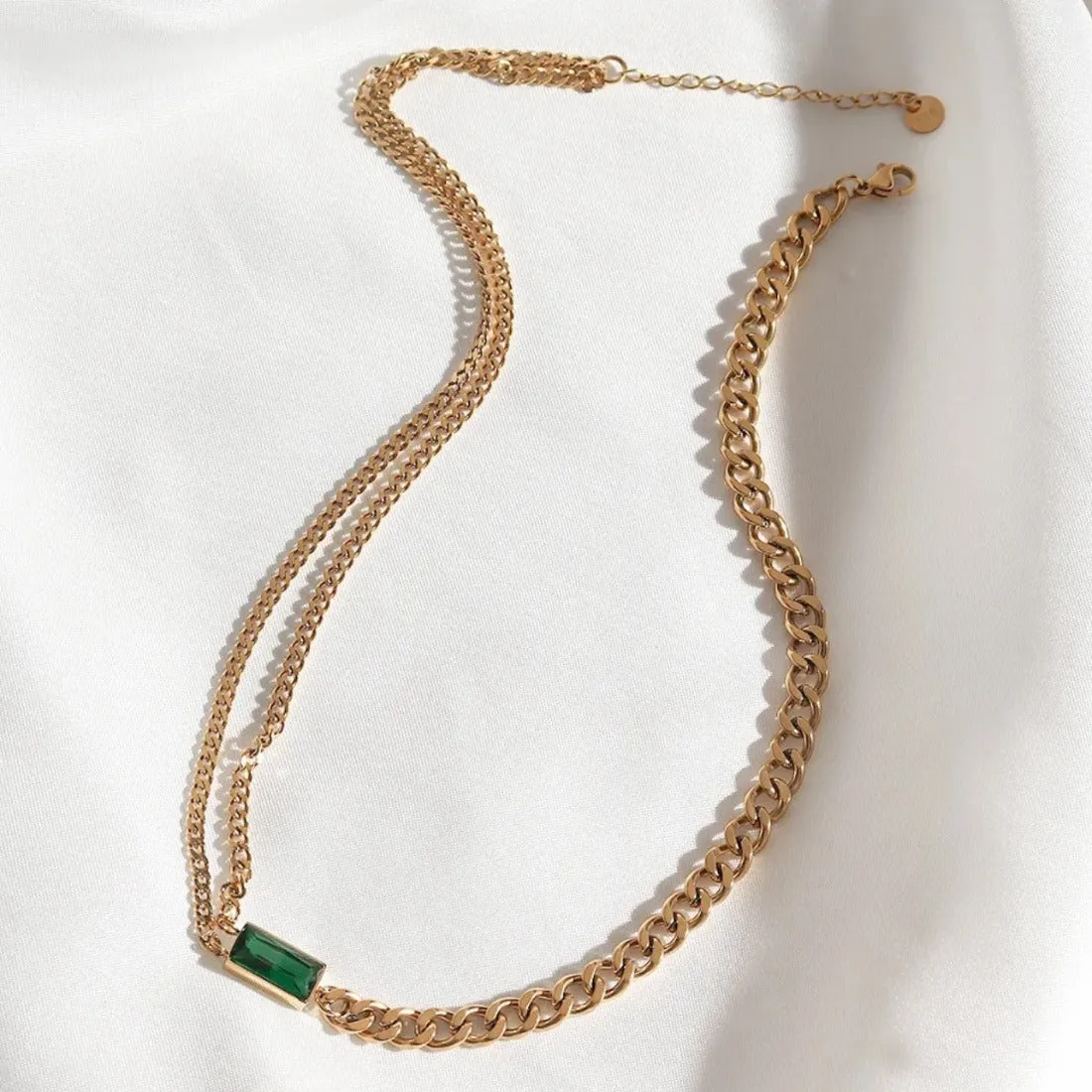 Green Emerald Stone Cuban Chain Choker Necklace