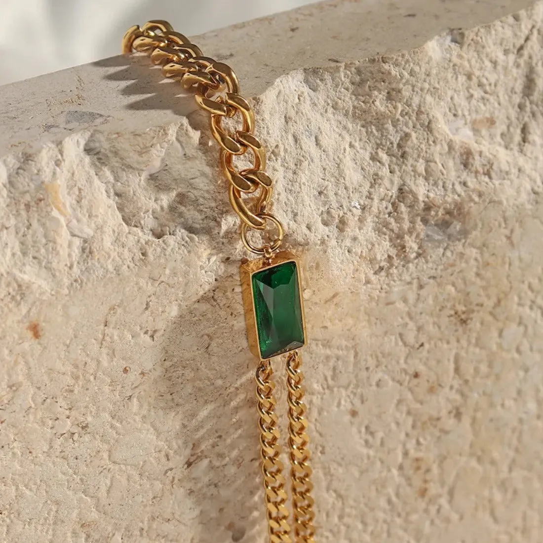 Green Emerald Stone Cuban Chain Choker Necklace