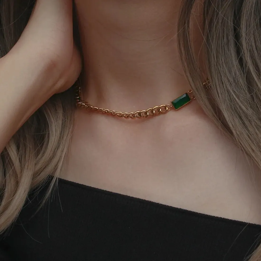 Green Emerald Stone Cuban Chain Choker Necklace