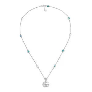 Gucci Sterling Silver Double G Pendant Necklace with MOP, Blue Topaz Stones and Turquoise Colored Resin, 15.5-16.5 inch