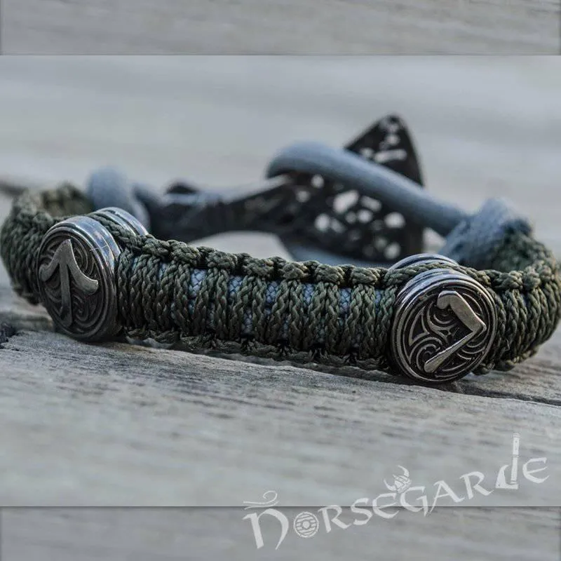 Handcrafted Olive Paracord Bracelet with Axe Head and Rune - Ruthenium Plated Sterling Silver