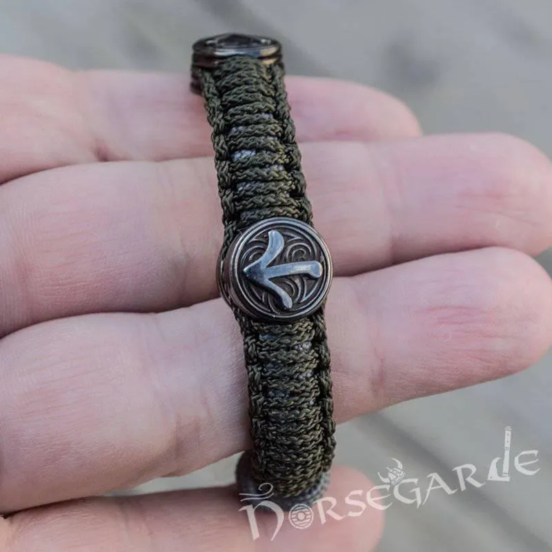 Handcrafted Olive Paracord Bracelet with Axe Head and Rune - Ruthenium Plated Sterling Silver