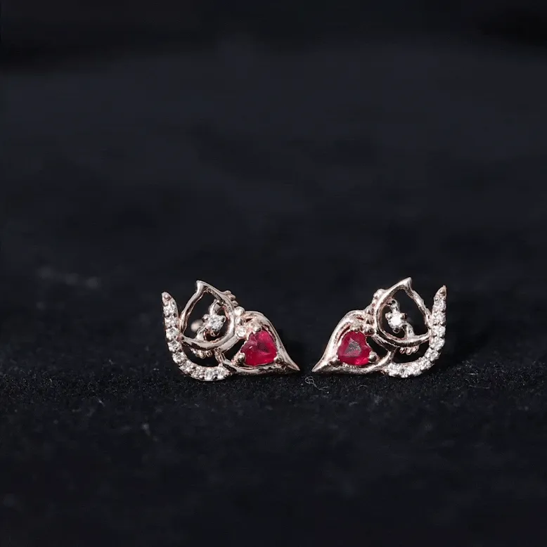 Heart Shape Ruby Cat Stud Earrings with Diamond