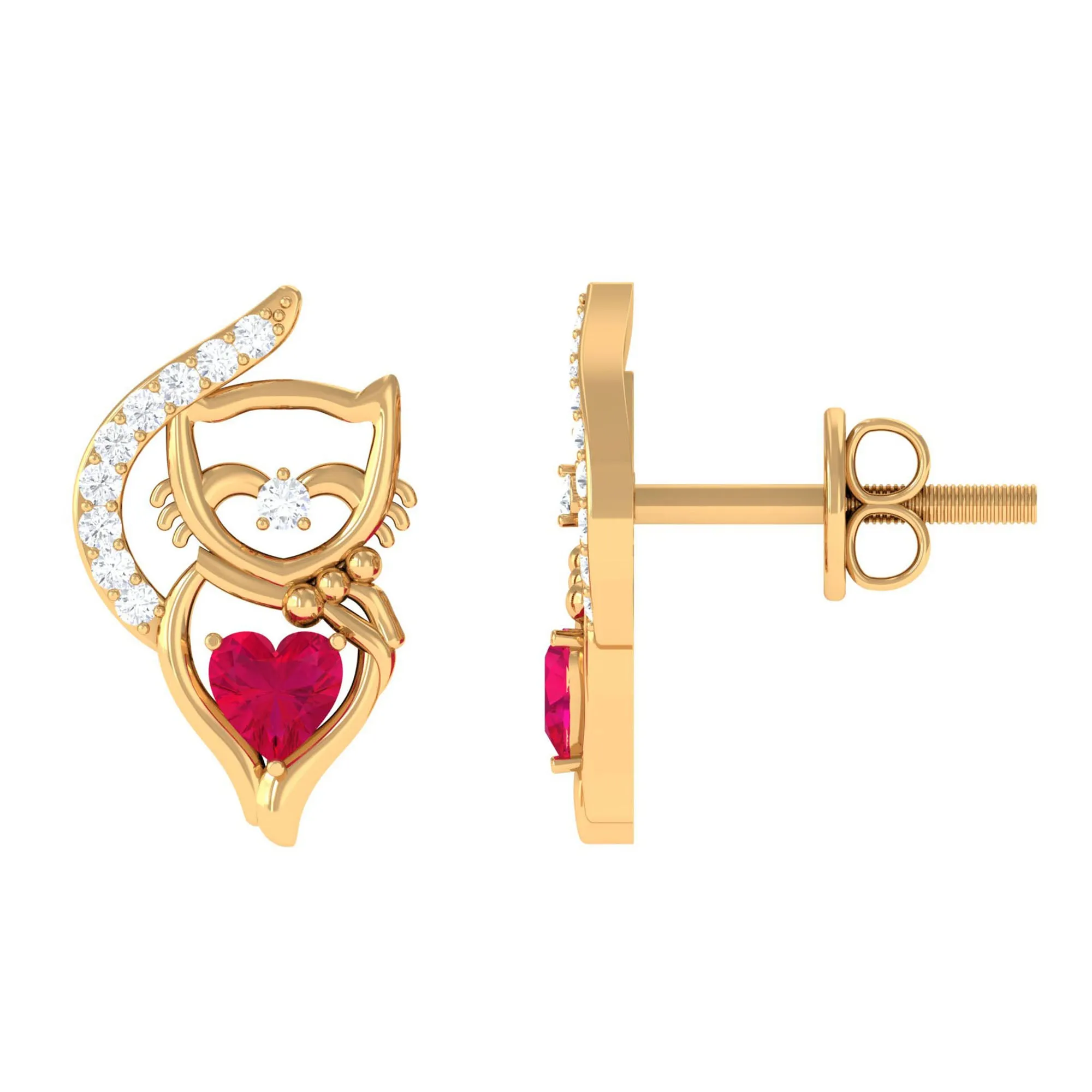 Heart Shape Ruby Cat Stud Earrings with Diamond