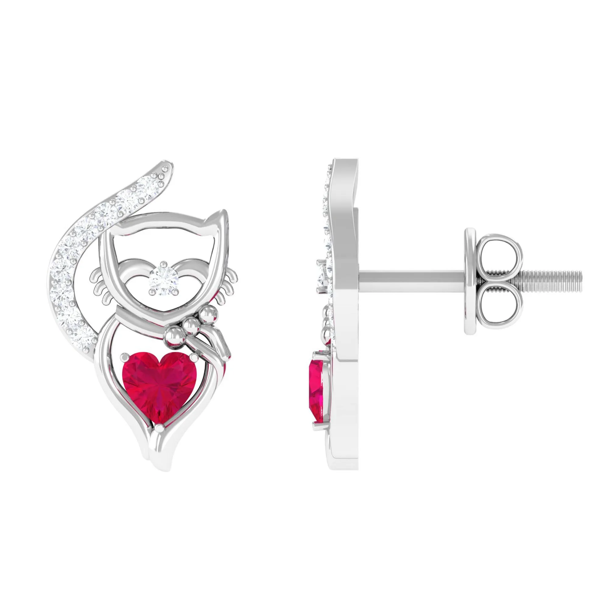 Heart Shape Ruby Cat Stud Earrings with Diamond