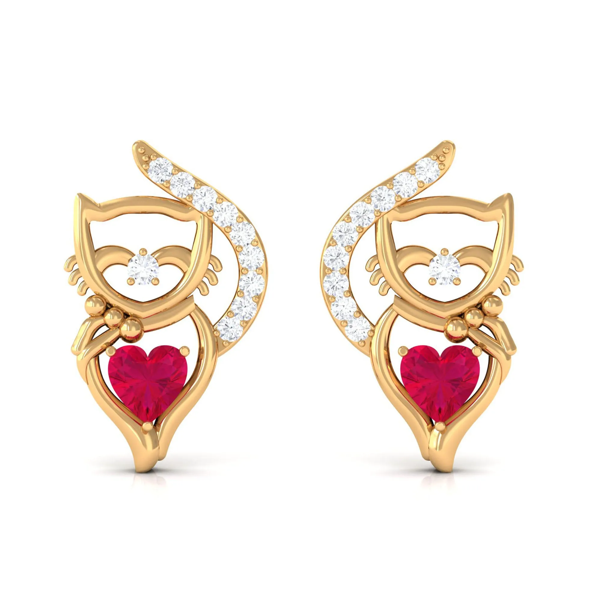 Heart Shape Ruby Cat Stud Earrings with Diamond