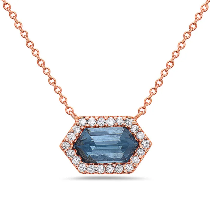 Hexagon Blue Topaz and Diamond Necklace