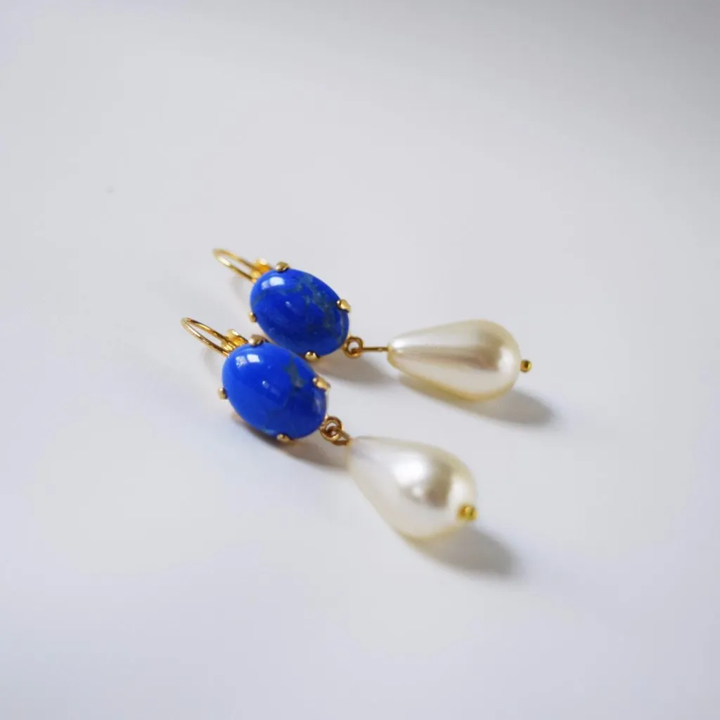 Lapis Lazuli and Pearl Dangle Earrings