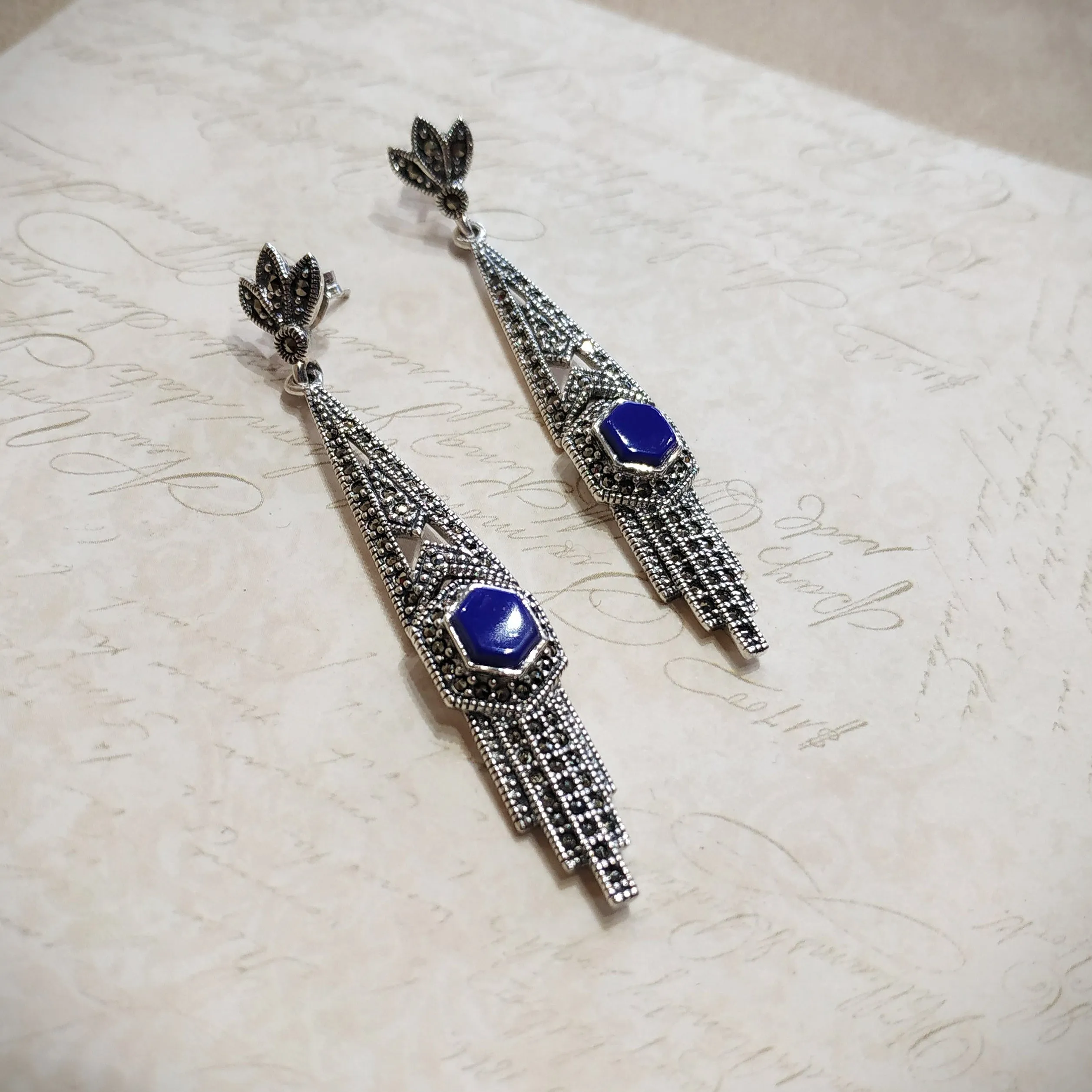 Lapis Lazuli Art Deco Articulated Earrings in Silver