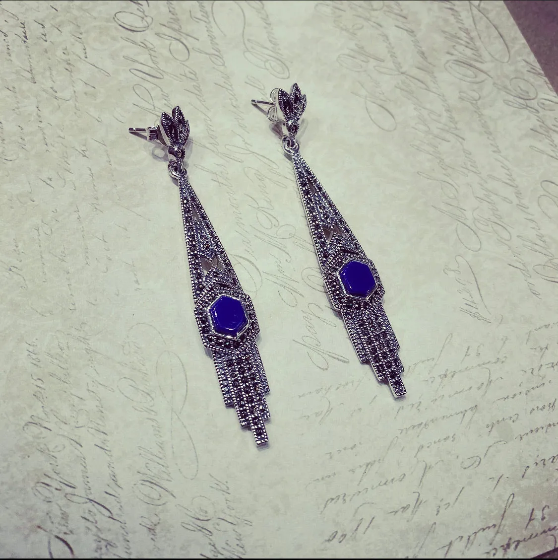 Lapis Lazuli Art Deco Articulated Earrings in Silver