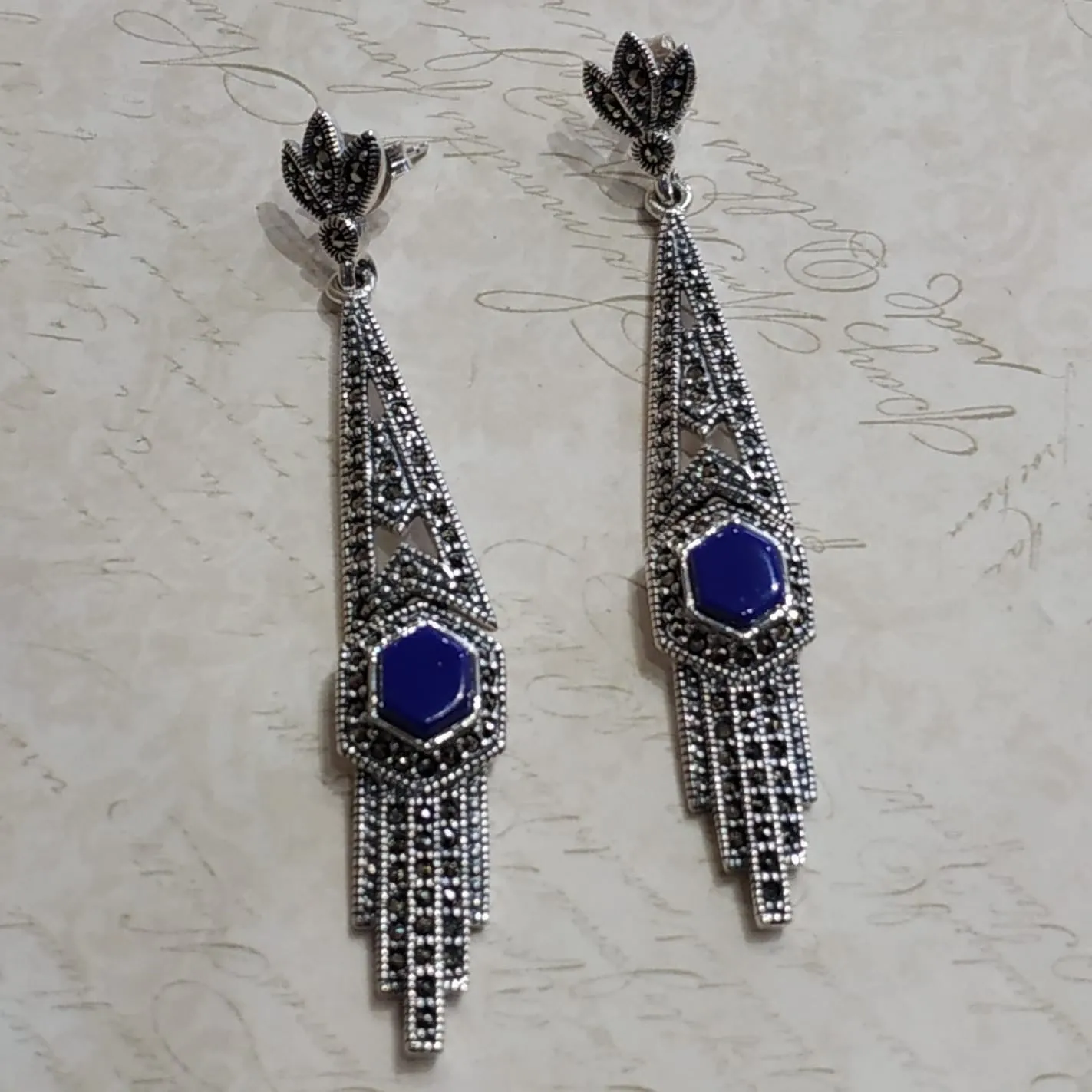 Lapis Lazuli Art Deco Articulated Earrings in Silver