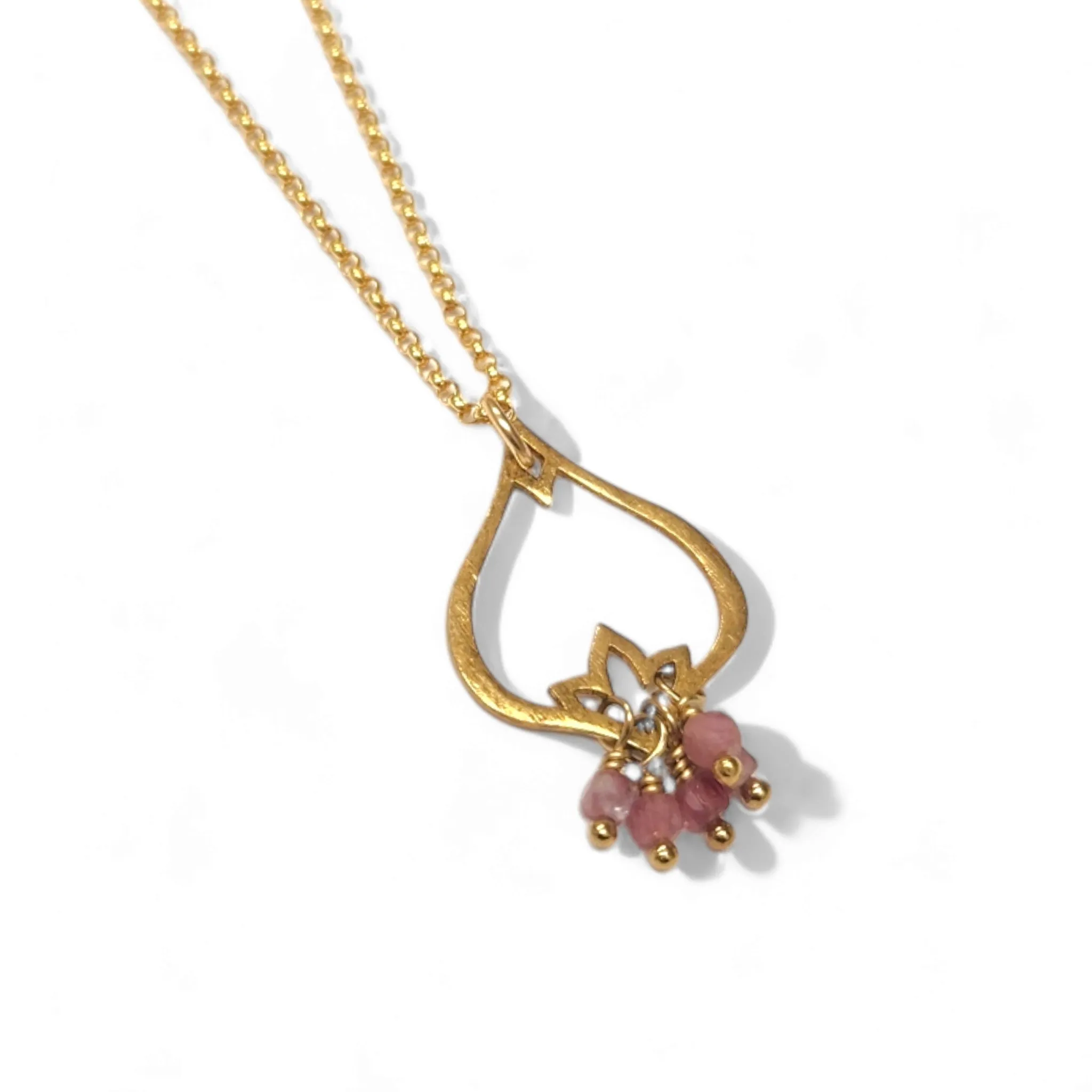 Large Lotus Teardrop Charm Necklace with Pink Tourmaline Stone Cluster