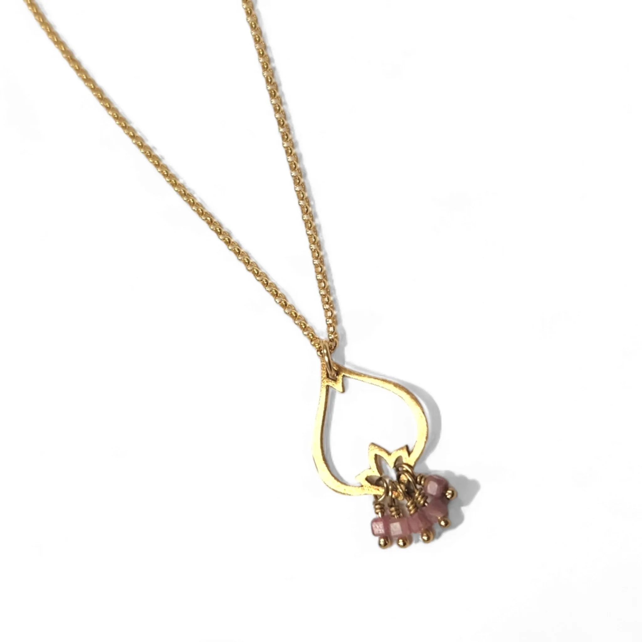 Large Lotus Teardrop Charm Necklace with Pink Tourmaline Stone Cluster