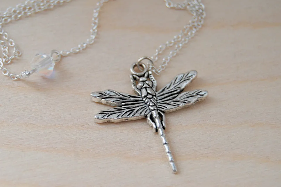 Large Silver Dragonfly Necklace | Dragonfly Charm Necklace | Cute Insect Jewelry