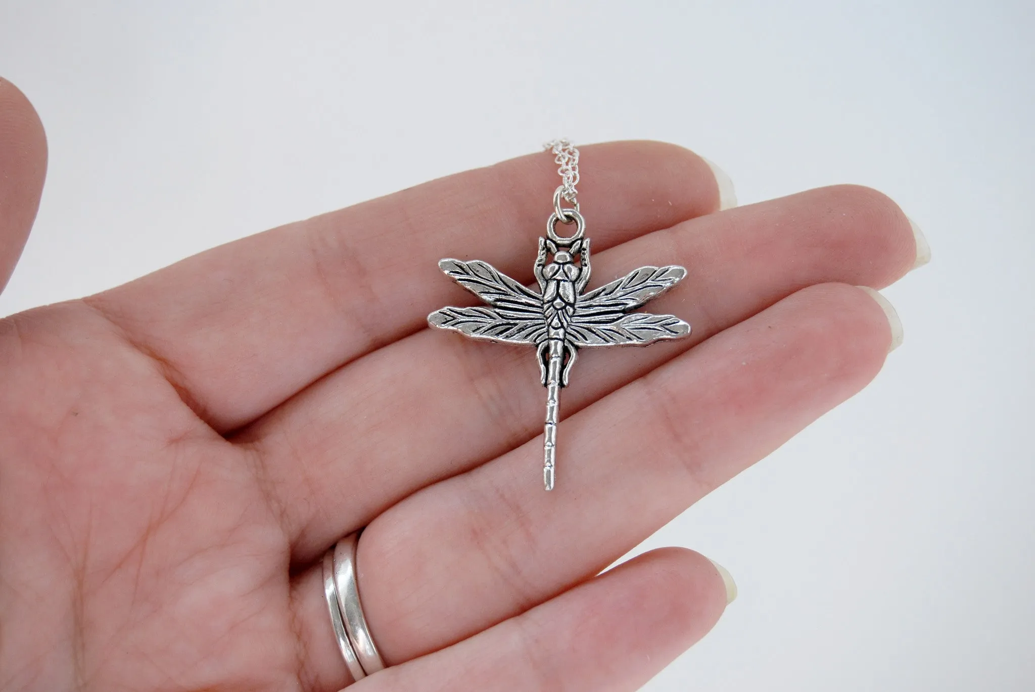 Large Silver Dragonfly Necklace | Dragonfly Charm Necklace | Cute Insect Jewelry