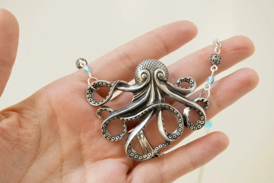 Large Silver Octopus Necklace | Nautical Jewelry | Octopus Pendant