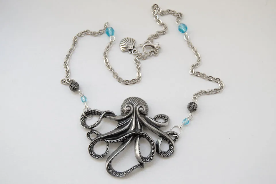 Large Silver Octopus Necklace | Nautical Jewelry | Octopus Pendant