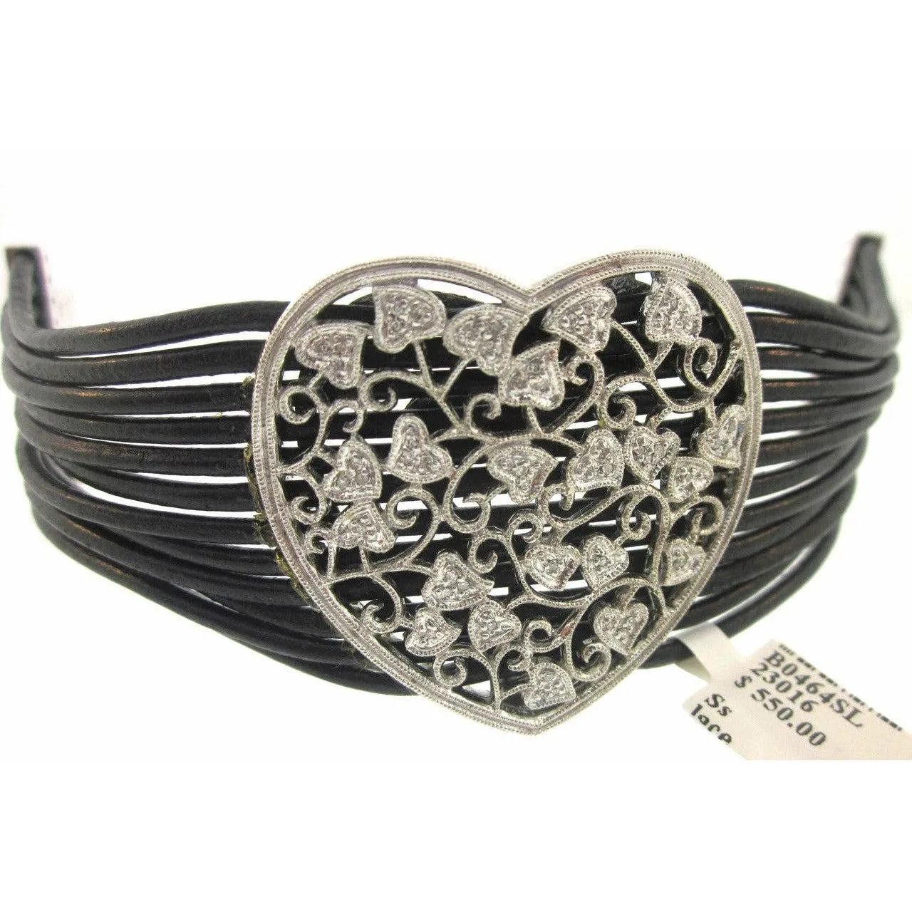 Lau International Diamond Heart Black Leather Bracelet