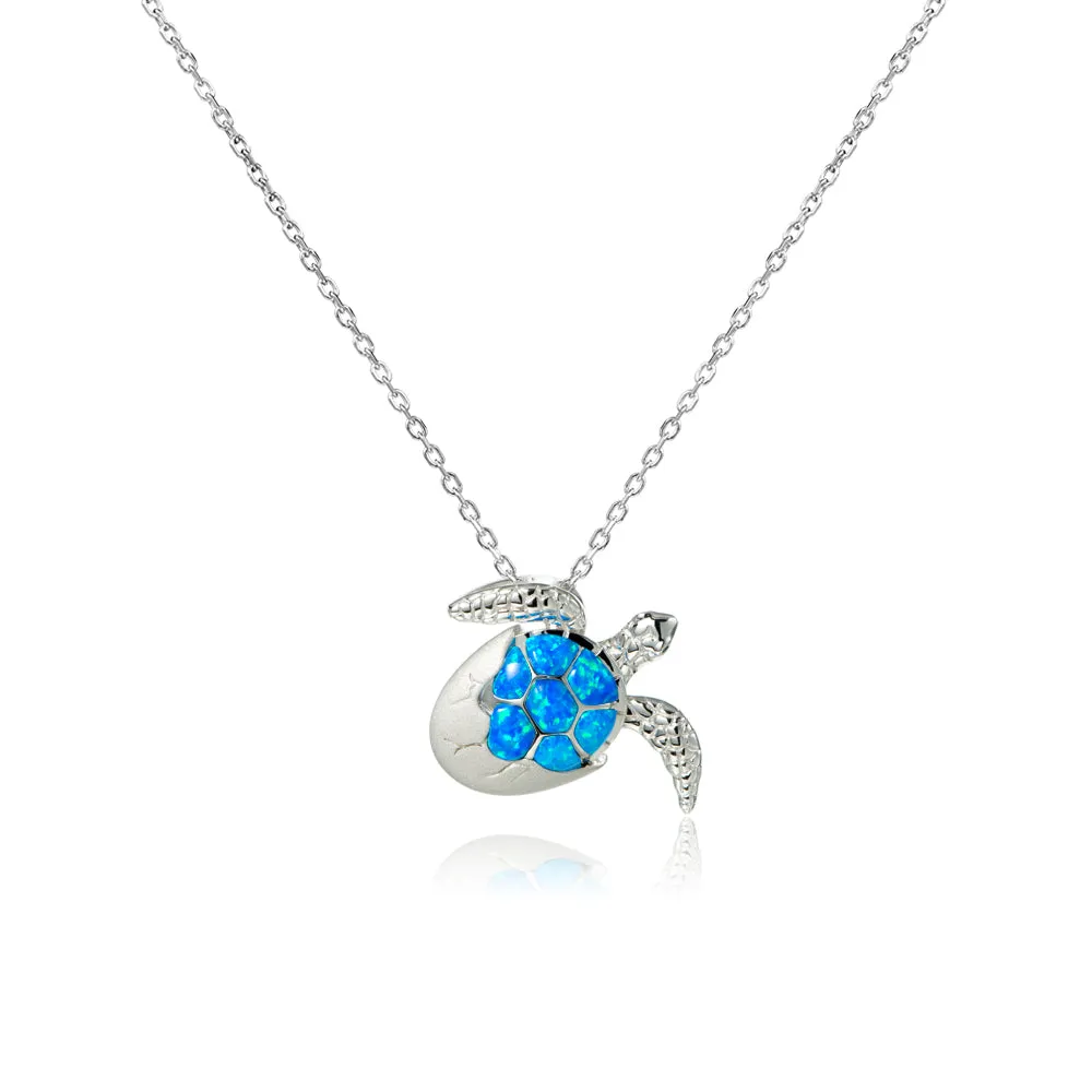 Life@Sea Genuine Sterling Silver Hatchling Sea Turtle Pendant Necklace with Synthetic Opal Accents