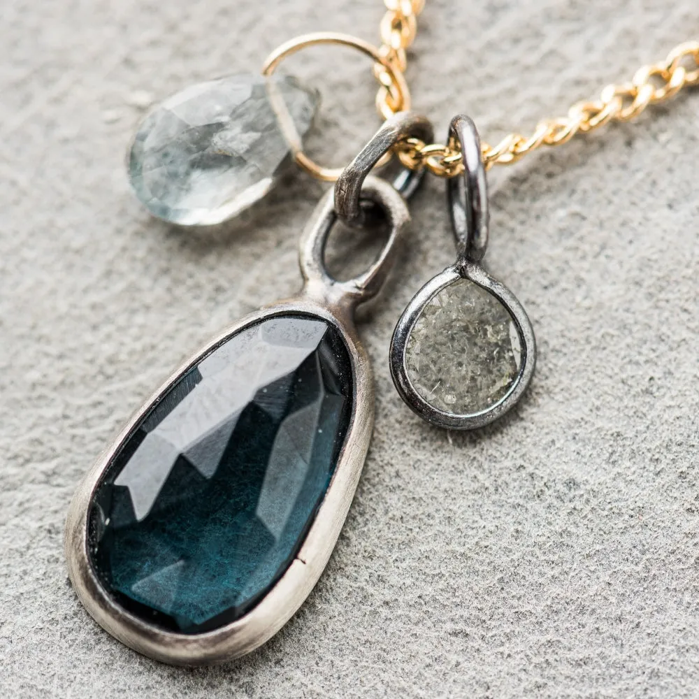 London Blue Topaz Necklace with Moss Aquamarine and Diamond Slice