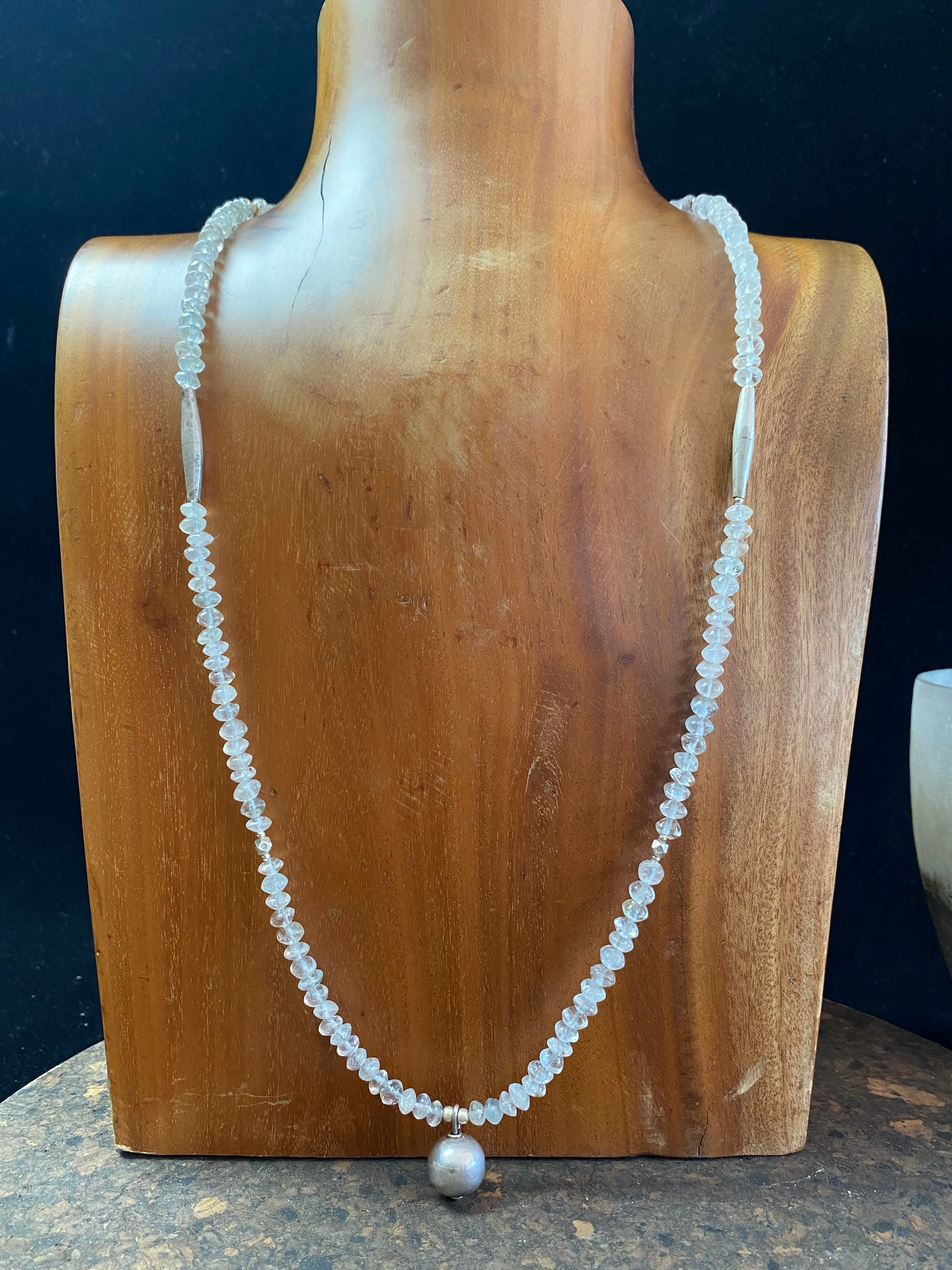 Long Aquamarine Silver Bead Necklace