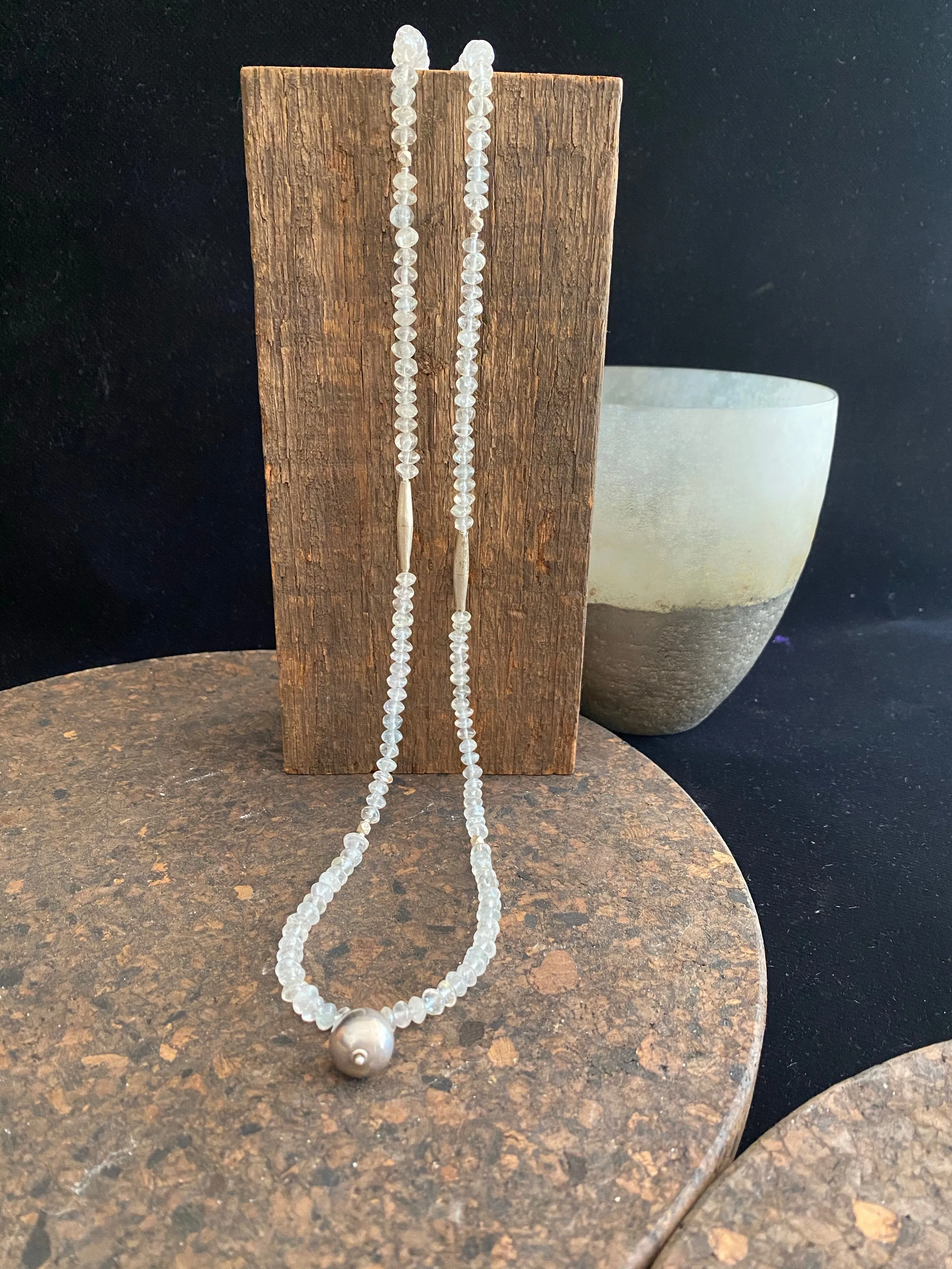 Long Aquamarine Silver Bead Necklace