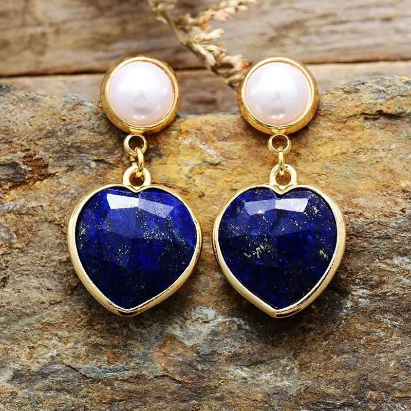 Luxe Heart Shape Amethysts Lapis Earnings