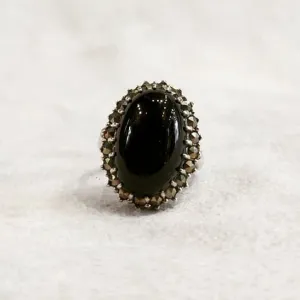 Medium Oval Black Onyx Cocktail Ring silver  Marcasite