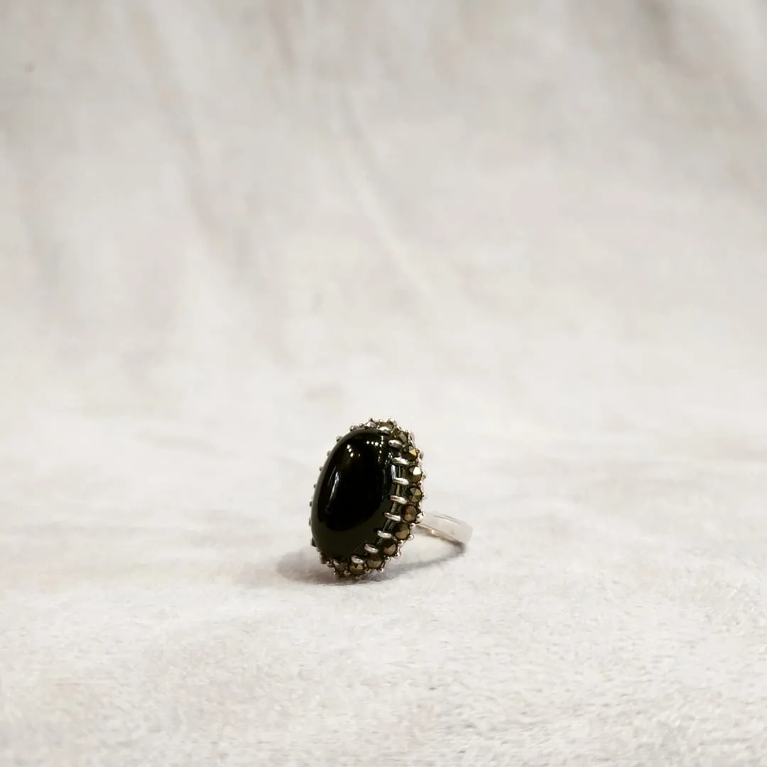 Medium Oval Black Onyx Cocktail Ring silver  Marcasite