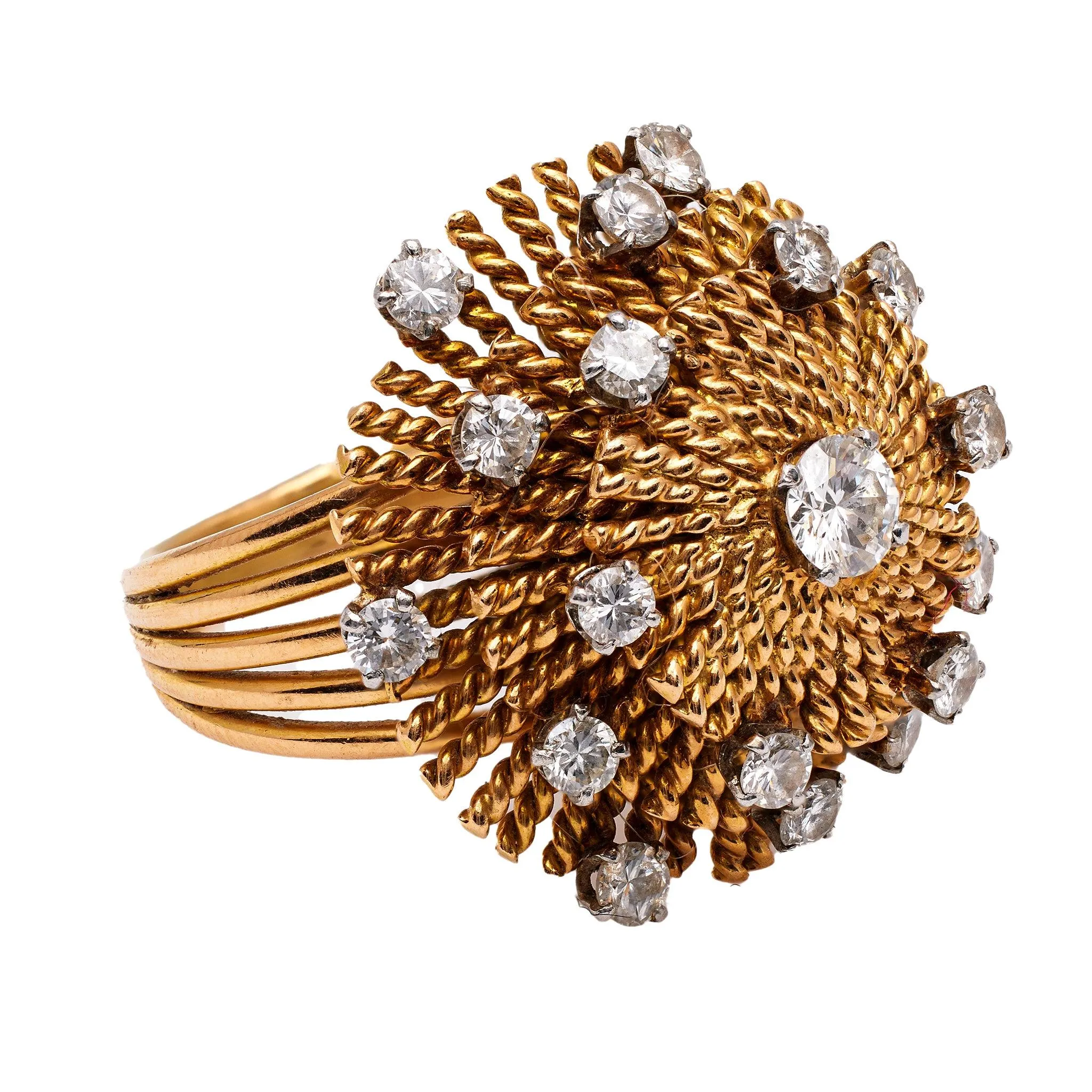 Mid Century Diamond 18k Yellow Gold Cocktail Ring