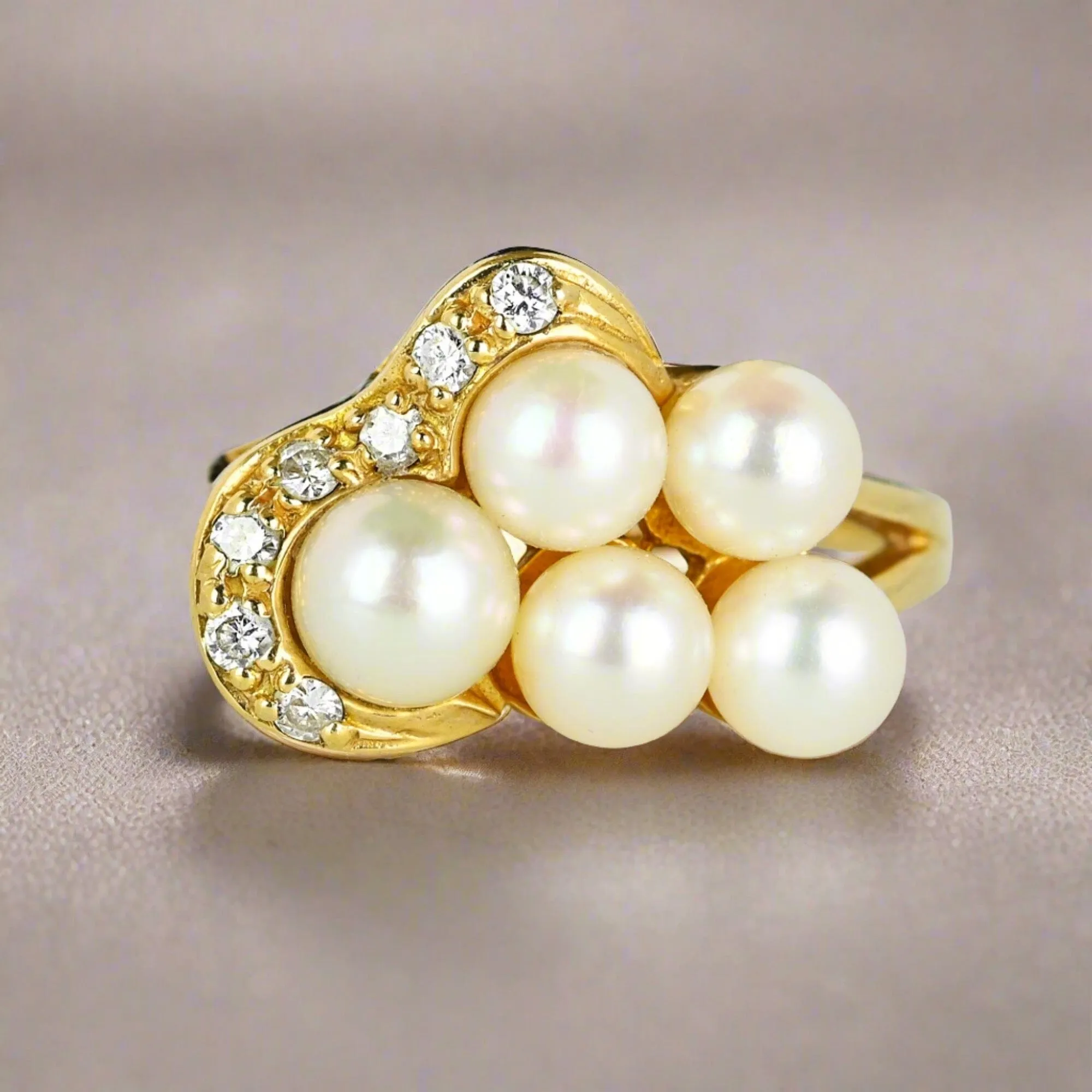 Mid Century Gold Diamond Pearl Cluster Cocktail Ring