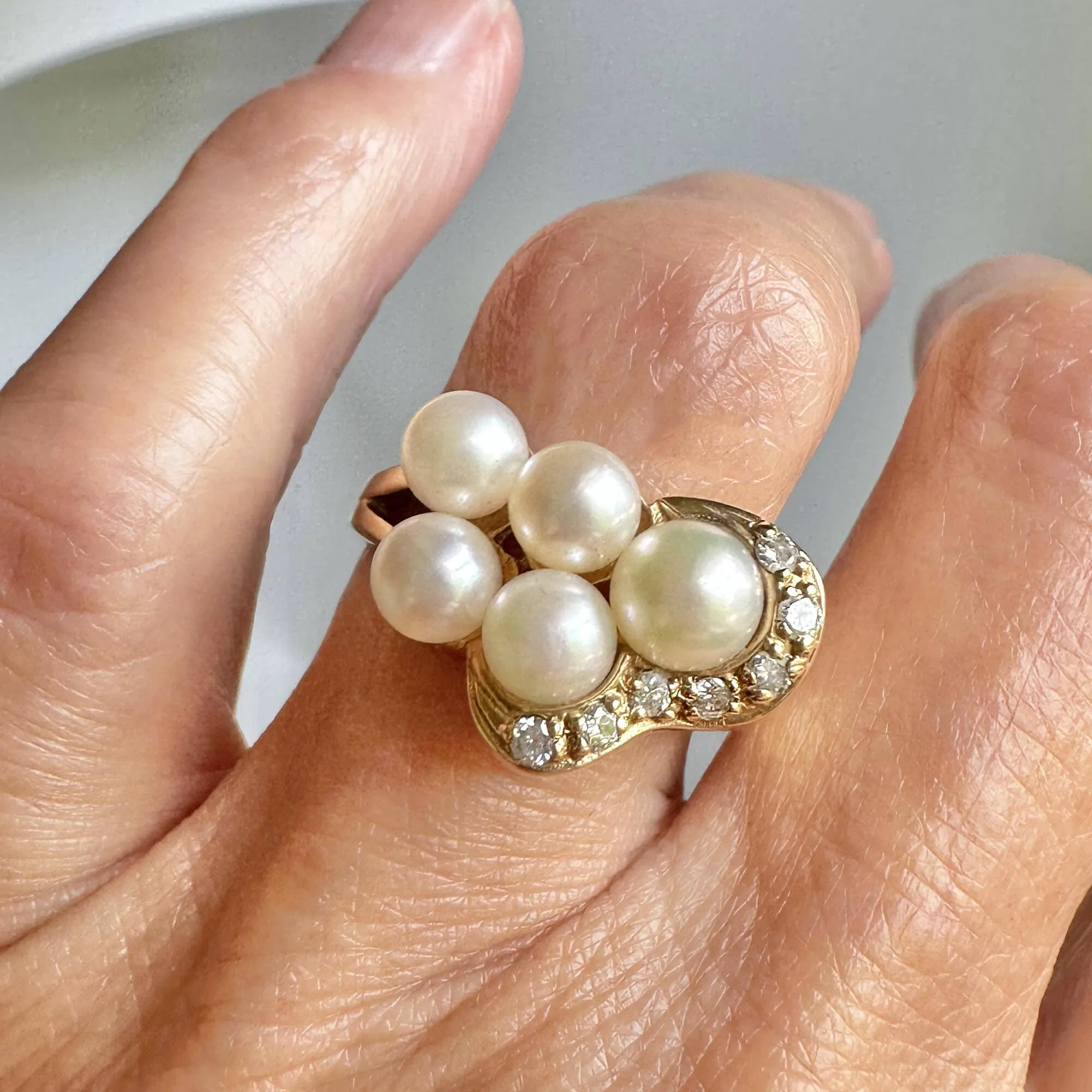 Mid Century Gold Diamond Pearl Cluster Cocktail Ring