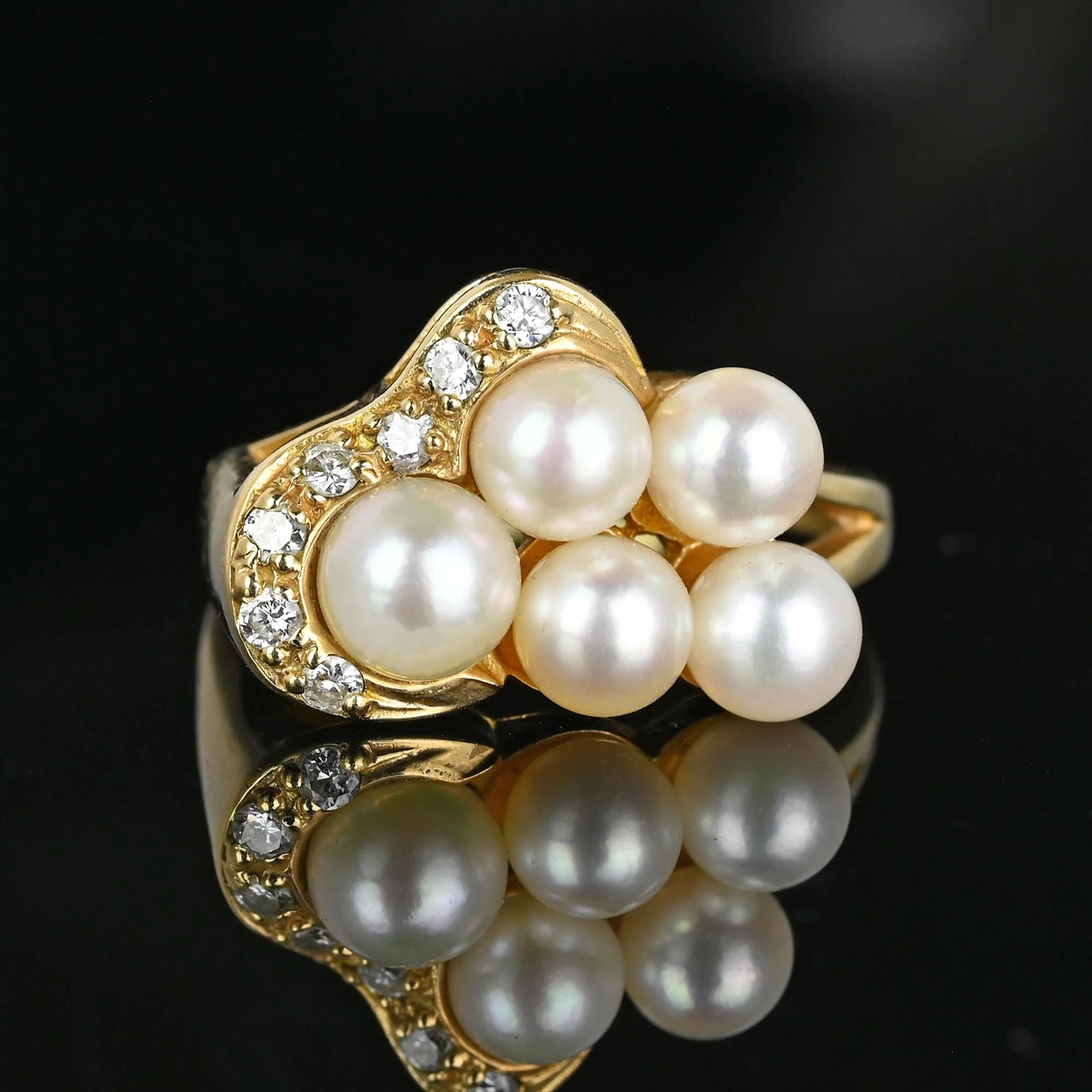 Mid Century Gold Diamond Pearl Cluster Cocktail Ring