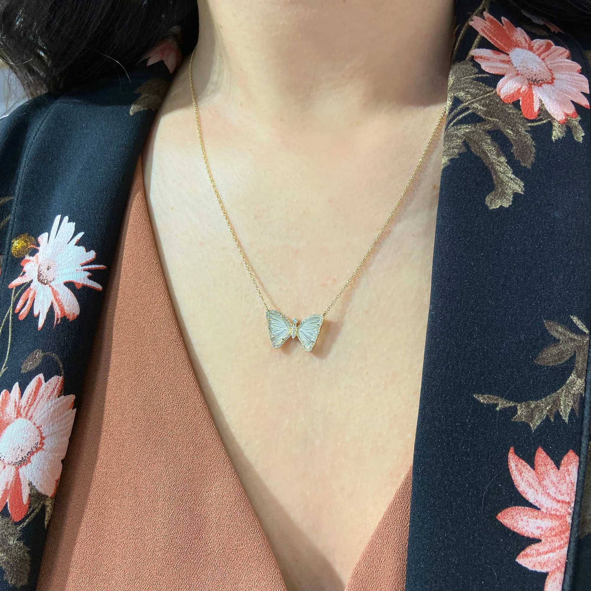 Mini Swiss Blue Topaz Butterfly Necklace with Diamonds