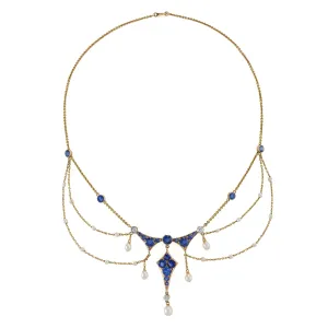 Montana Sapphire, Seed Pearl and Diamond Garland Necklace