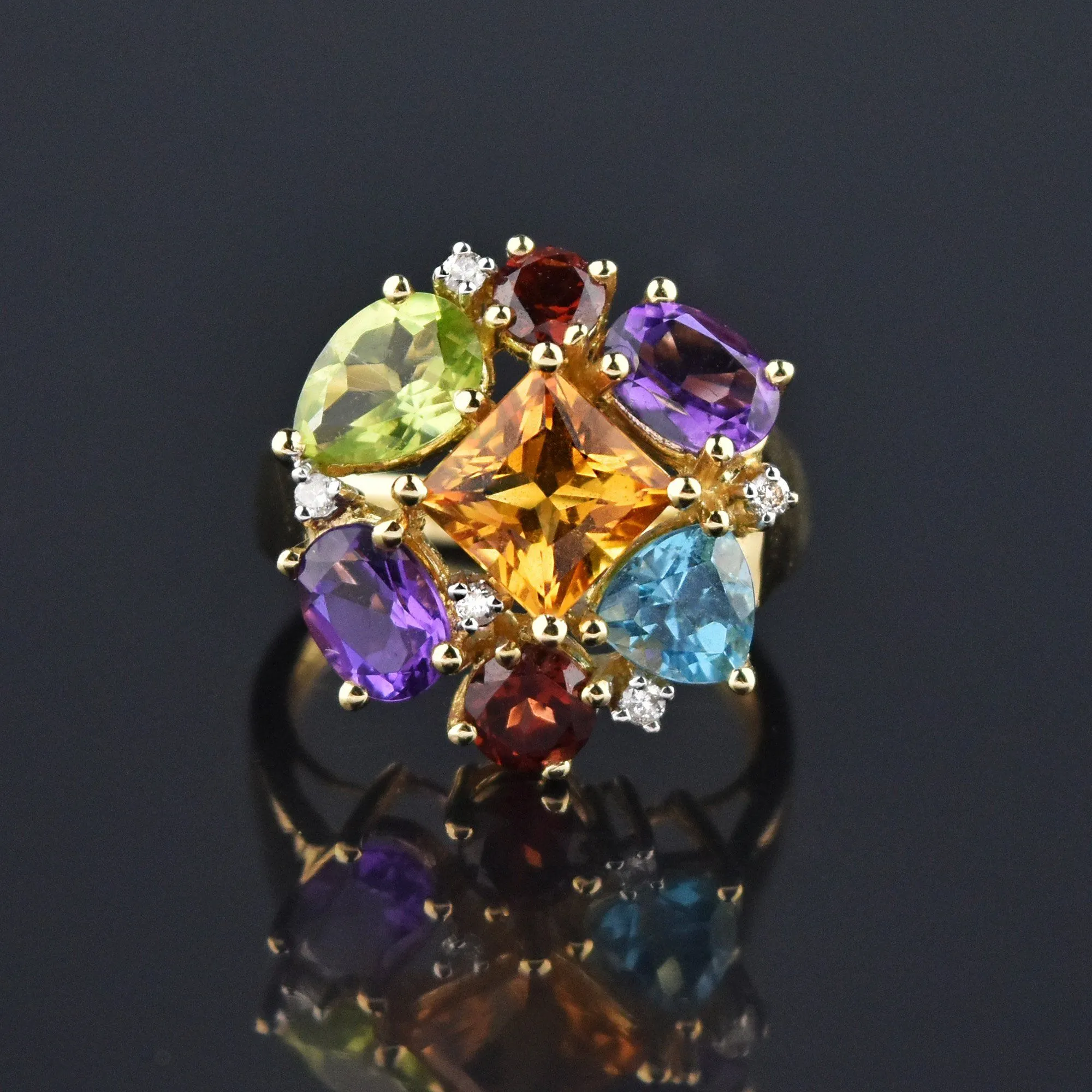 Multi Gemstone Harlequin Heavy 14K Gold Cocktail Ring, GIA Cert