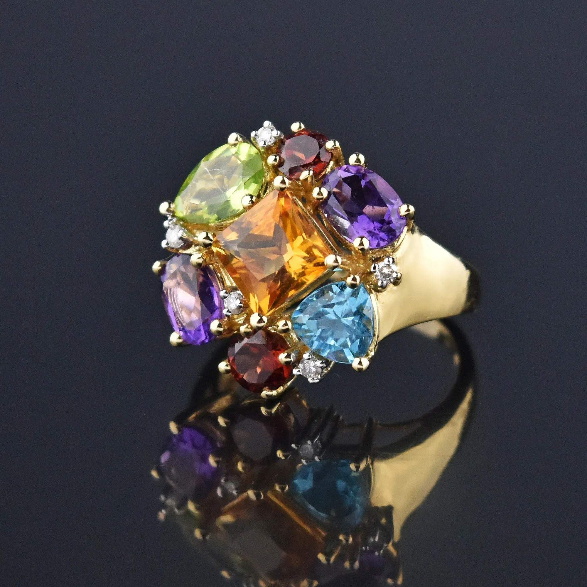 Multi Gemstone Harlequin Heavy 14K Gold Cocktail Ring, GIA Cert