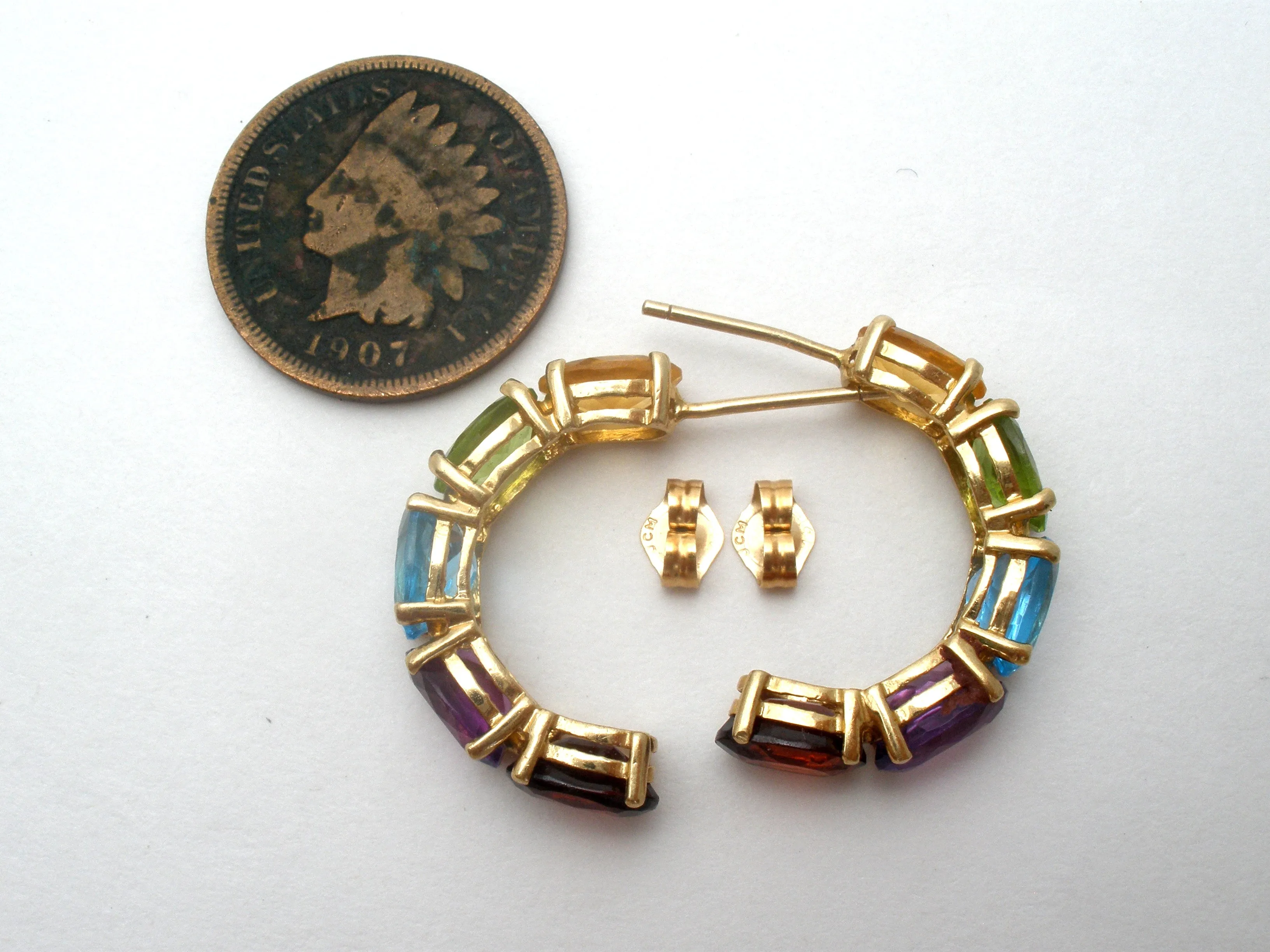 Multi Gemstone Hoop Earrings 14K Gold