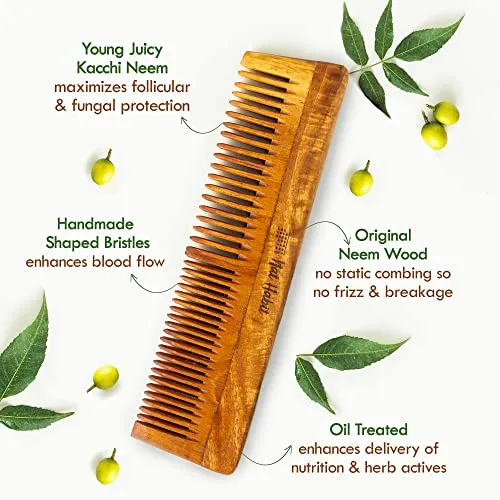 Nat Habit Kacchi Neem Wooden Comb - Soaked In 17 Herbs, Neem & Sesame Oil For Multi-Actions - Detangling, Frizz Control & Shine,Suited For All Hair Types (Dual Tooth)