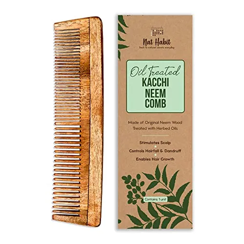 Nat Habit Kacchi Neem Wooden Comb - Soaked In 17 Herbs, Neem & Sesame Oil For Multi-Actions - Detangling, Frizz Control & Shine,Suited For All Hair Types (Dual Tooth)