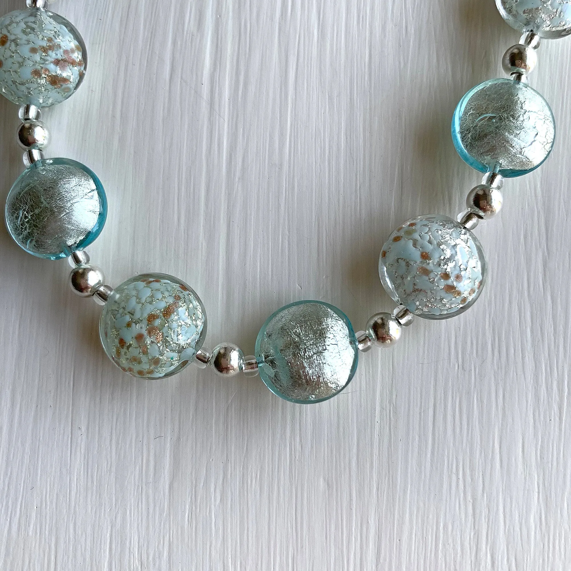 Necklace with aquamarine (blue) and aqua pastel with aventurine dust Murano glass small lentil beads on silver