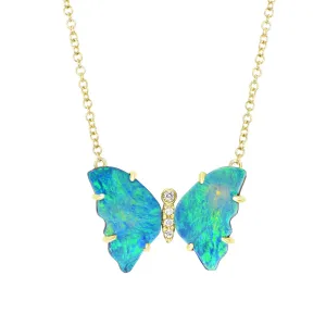 Opal Butterfly Necklace with Diamonds and Prongs - Blue Green