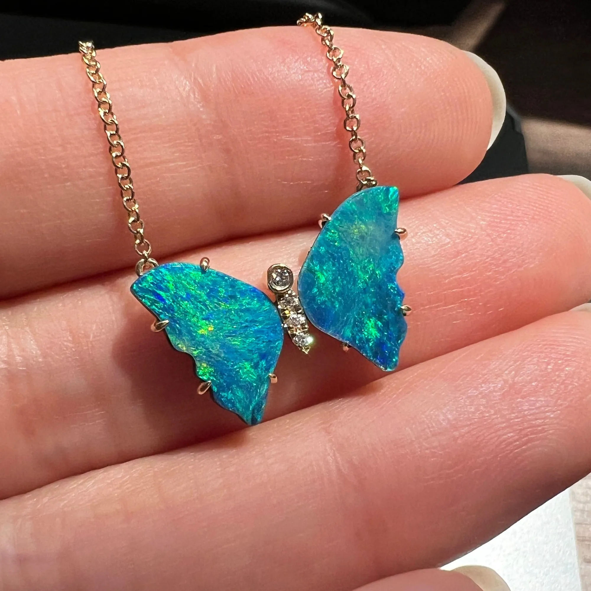 Opal Butterfly Necklace with Diamonds and Prongs - Blue Green