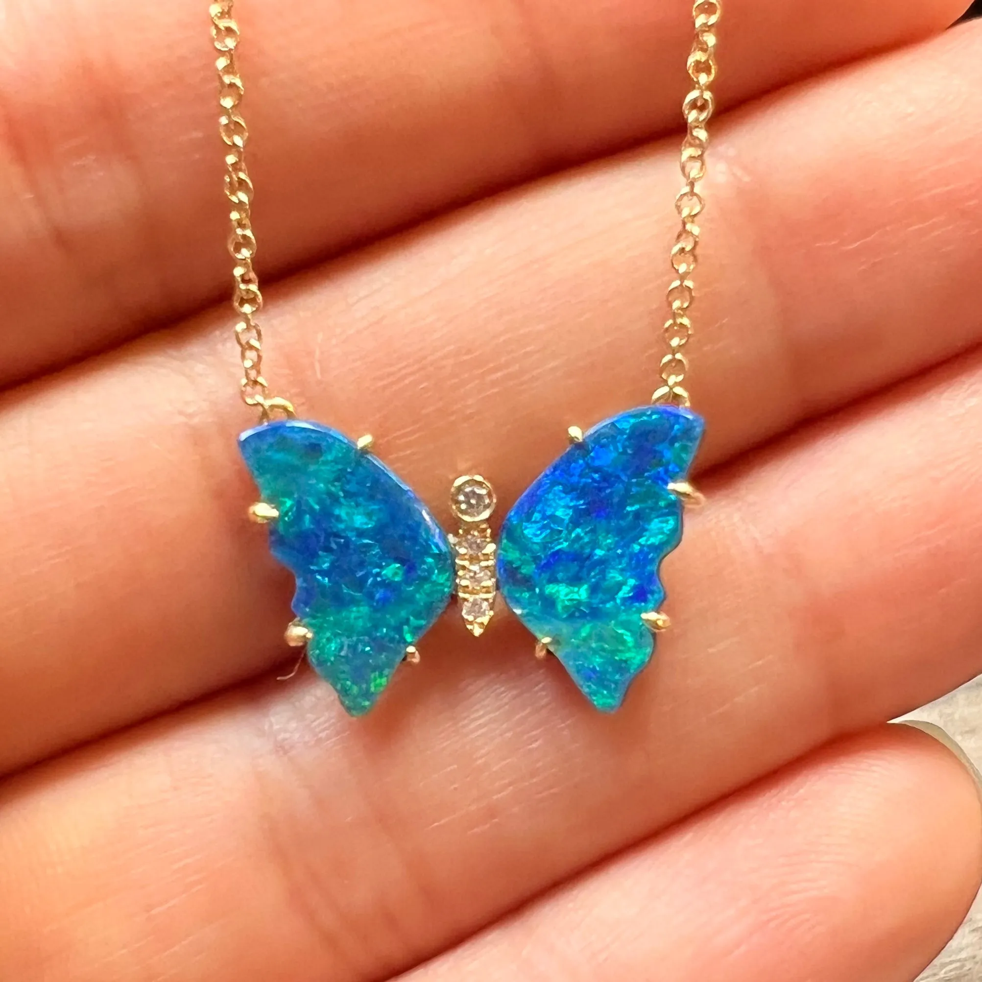 Opal Butterfly Necklace with Diamonds and Prongs - Ocean Blue